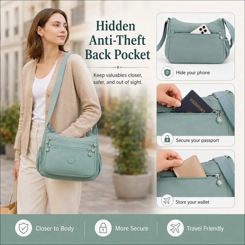 Ladies Multi Pocket Nylon Crossbody Bag, Women Large Capacity Casual Shoulder Bag for Campus Daily Use