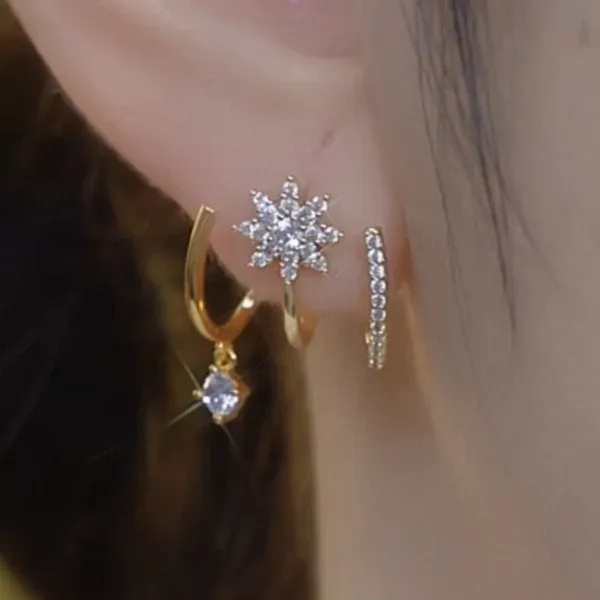 Shiny Eight-pointed Star Cuff Stud Earrings for Women, Micro Inlaid Zircon