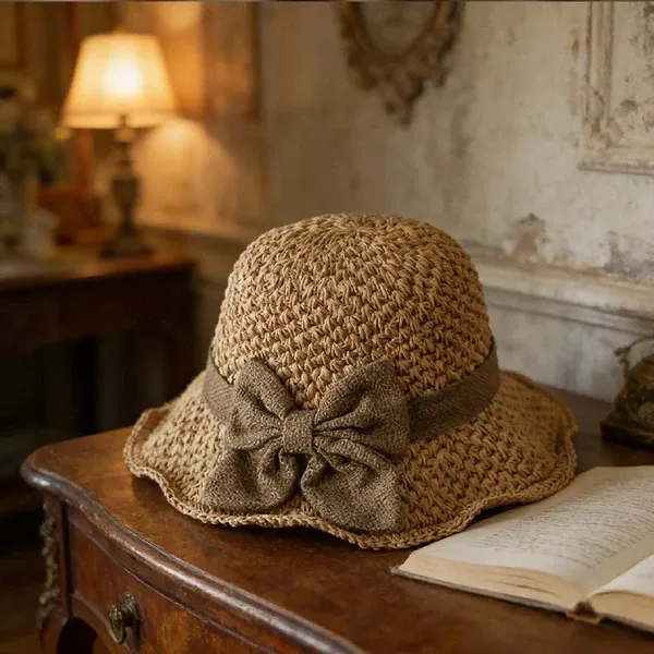 Elegant Woven Straw Sun Hat with Bow – Breathable, Foldable