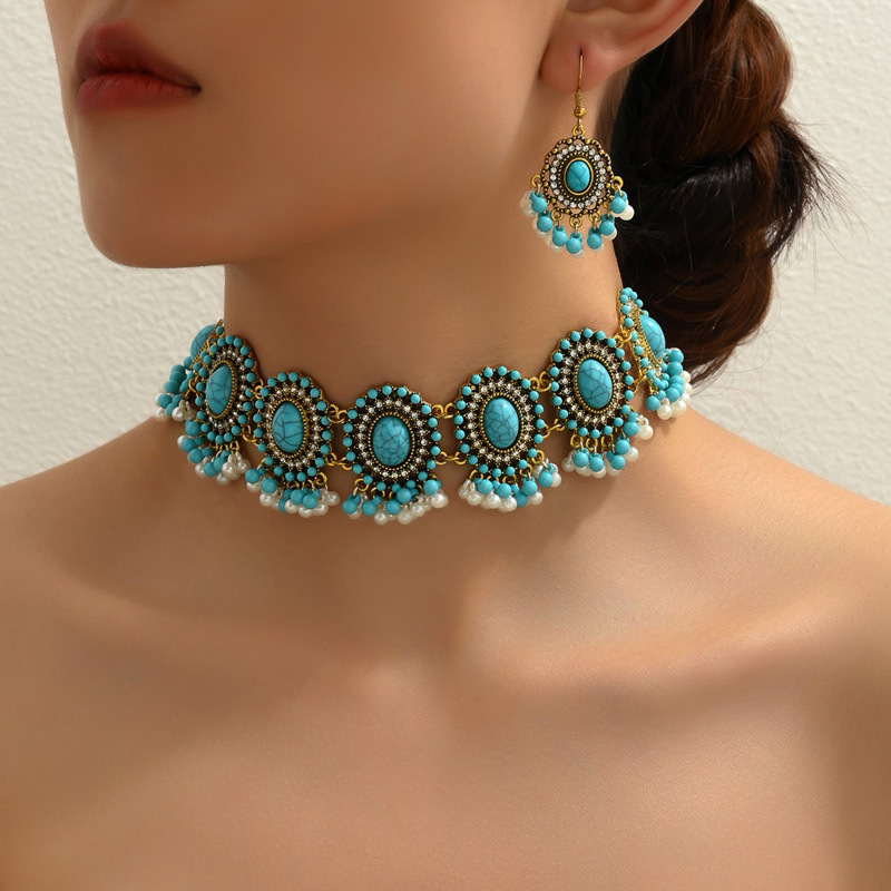 Boho Turquoise Earrings & Choker Necklace Set