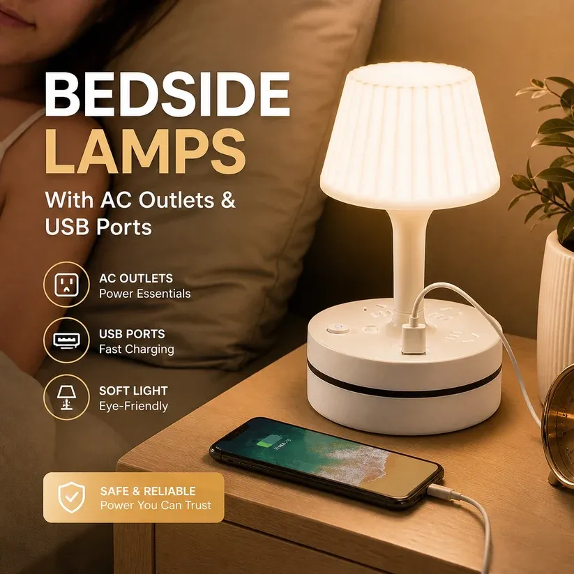 Multi Function Table Lamp with Power Socket & USB Charging Port, Bedroom Bedside Desk Lamp, Night Light with Extension Socket for Home Study