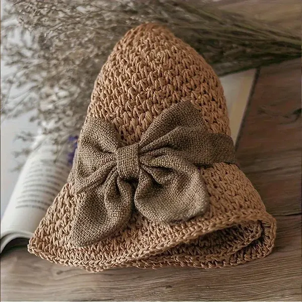 Elegant Woven Straw Sun Hat with Bow – Breathable, Foldable