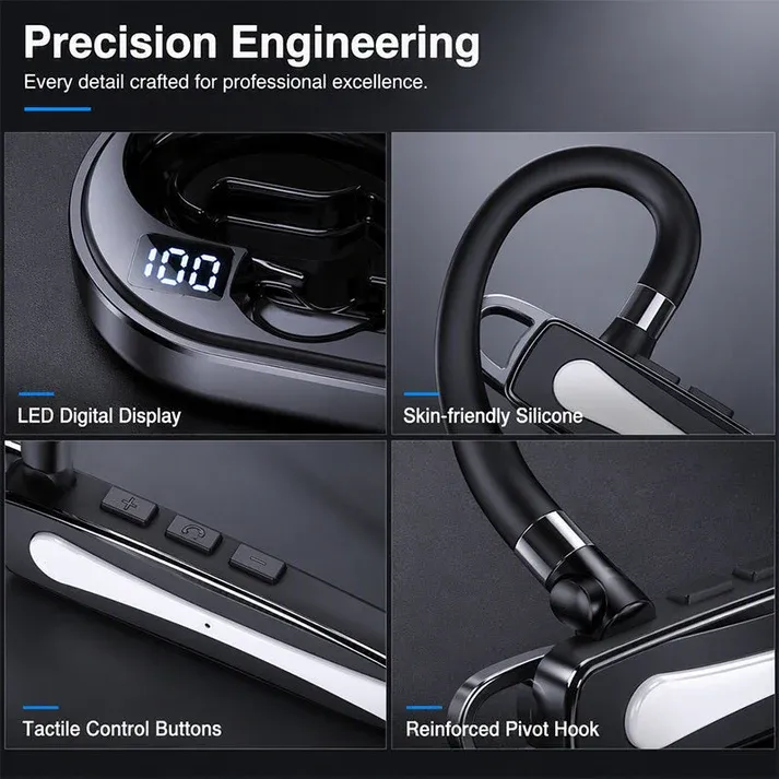 Wireless Bluetooth Single Earphone, Ear Hook Handsfree Headset with LED Digital Display Charging Case, Noise Reduction Long Battery Life Earpiece for Car Driving Business Office