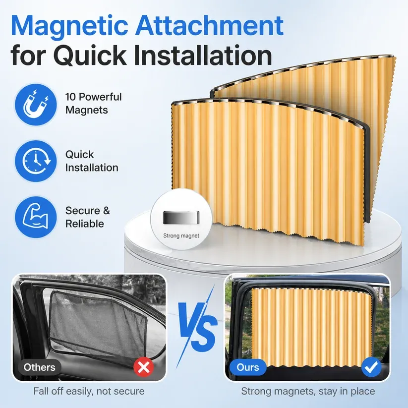 Golden 4Pcs Car Side Window Sunshade Curtain with Binding Straps, Embedded Slide Rail, UV Protection Car Privacy Curtain