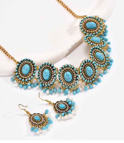 Boho Turquoise Earrings & Choker Necklace Set