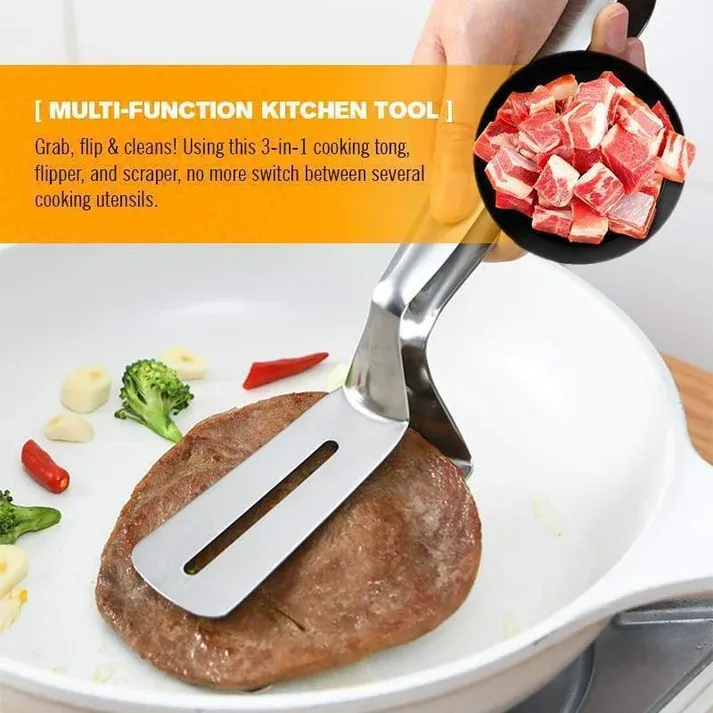 3-in-1 cooking clamp – grab, flip, scrape, and drain oil easily