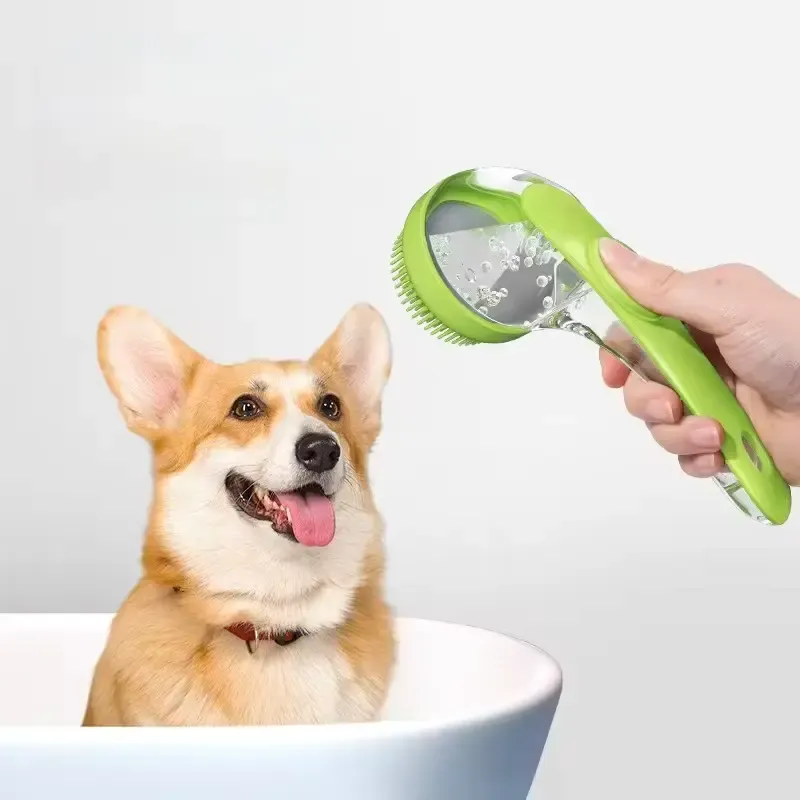 Pet Bathing Brush Built‑in Shampoo Container Long Handle Soft Silicone Massage Scrubber for Dog Cat Grooming