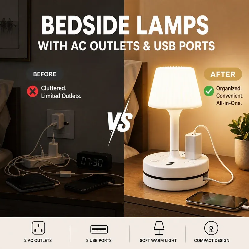 Multi Function Table Lamp with Power Socket & USB Charging Port, Bedroom Bedside Desk Lamp, Night Light with Extension Socket for Home Study