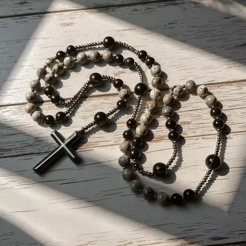 Natural Obsidian Yooperlite Rosary Necklace, UV Reactive Energy Protection Healing Crystal  >