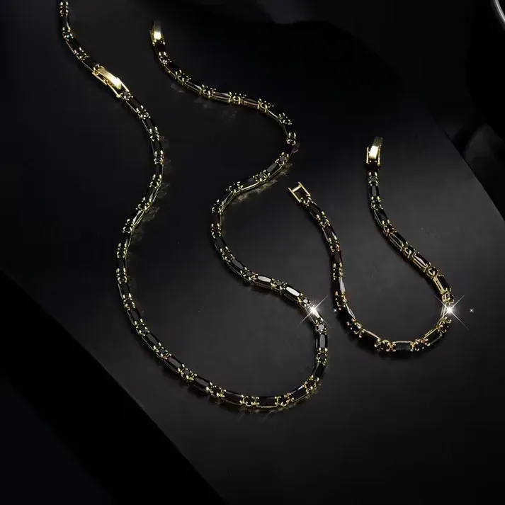 Hip Hop Black CZ Necklace & Bracelet Set, Gold Plated Adjustable Unisex Jewelry**