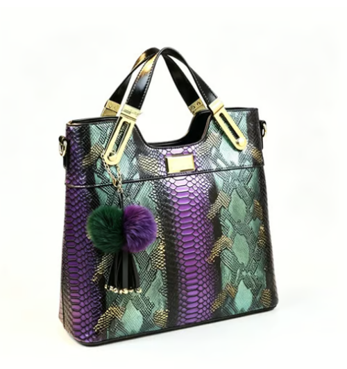 Elegant Snake‑Print PU Leather Women Handbag, Large‑Capacity Fashion Shoulder Crossbody Tote Bag with Detachable Pom‑pom Tassel Pendant