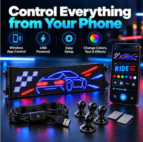 App-Controlled Car LED Matrix Display – Custom Text, Animation & Music Sync Rear Window Sign