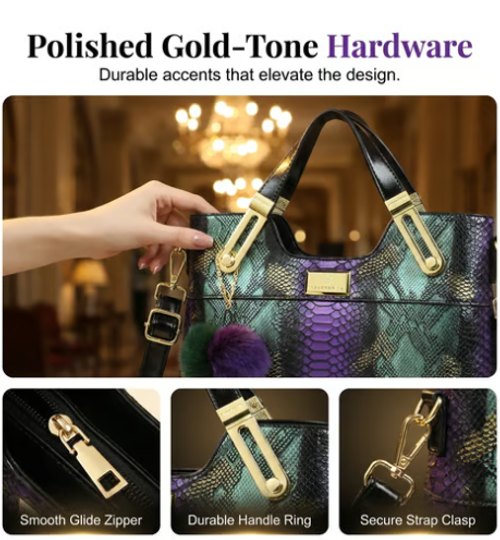 Elegant Snake‑Print PU Leather Women Handbag, Large‑Capacity Fashion Shoulder Crossbody Tote Bag with Detachable Pom‑pom Tassel Pendant