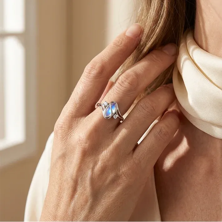 Geometric Oval Moonstone Ring with Zirconia Accents – Mystical, Sparkling & Timelessly Elegant!