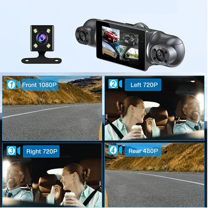 4-Channel 1080P Dash Cam Front, rear & 2 side cameras – full coverage, parking mode, G-sensor,with  64G Memory Card