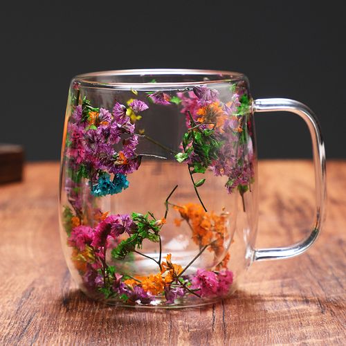 Transparent Double Glass Flower Tea Cup