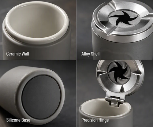 Rotating Car Ashtray with Ceramic Inner Liner, Mechanical Airtight Lid Car Cup‑Holder Ashtray, Universal Fit Smokeless Ash Container for Vehicle Interior