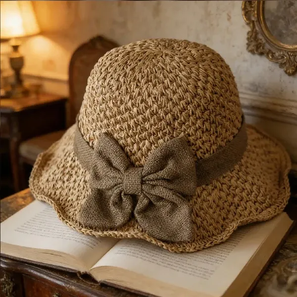 Elegant Woven Straw Sun Hat with Bow – Breathable, Foldable