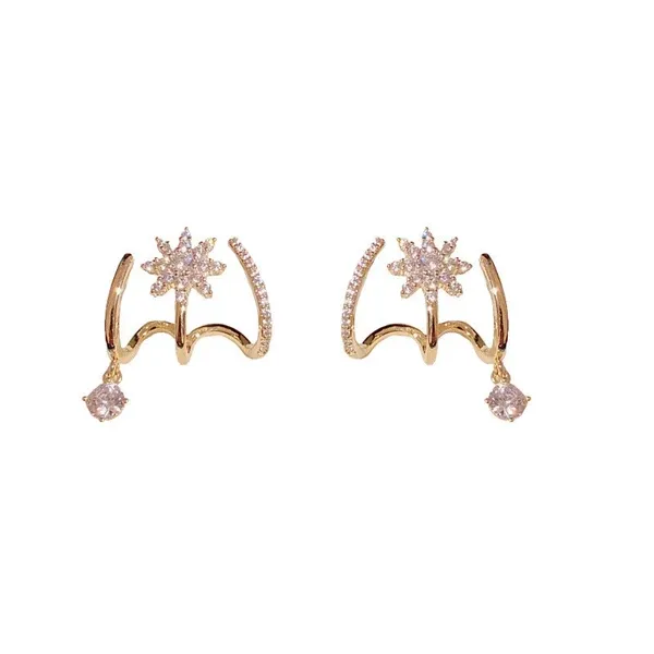 Shiny Eight-pointed Star Cuff Stud Earrings for Women, Micro Inlaid Zircon