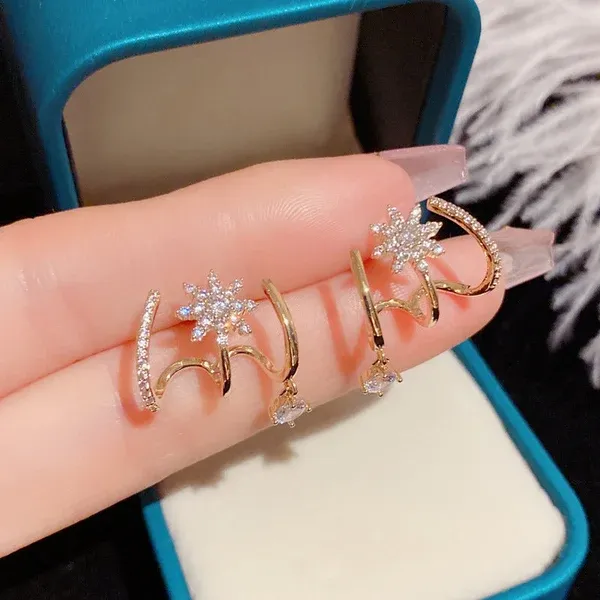 Shiny Eight-pointed Star Cuff Stud Earrings for Women, Micro Inlaid Zircon