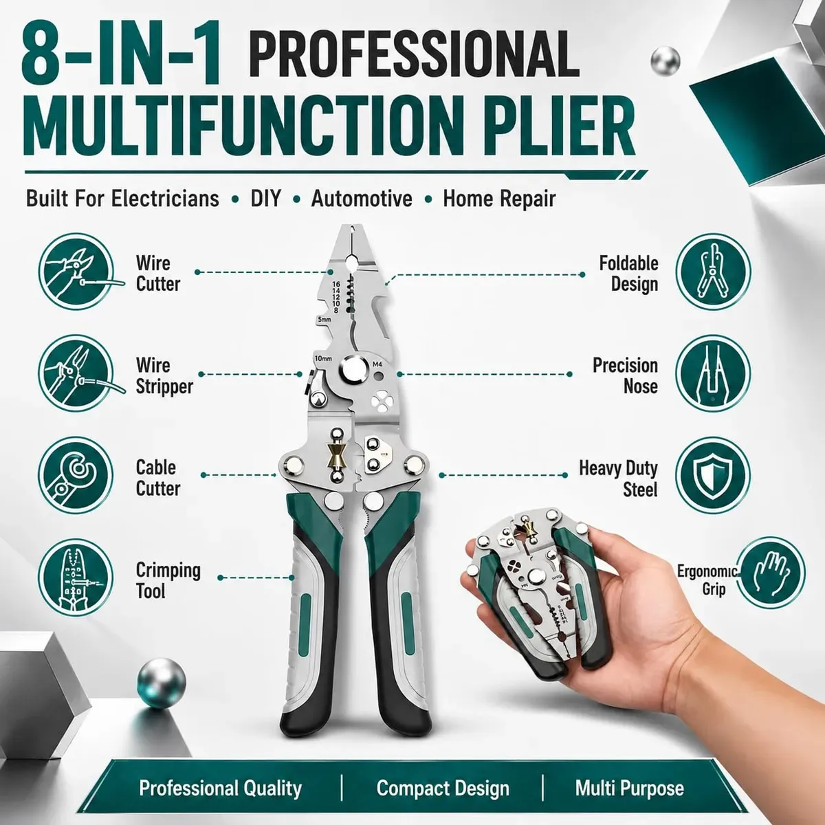 18 In 1 Wire Stripper Cutter Tool  Multifunctional Foldable Electrical Pliers With Crimper, Cutter & Stripper Less