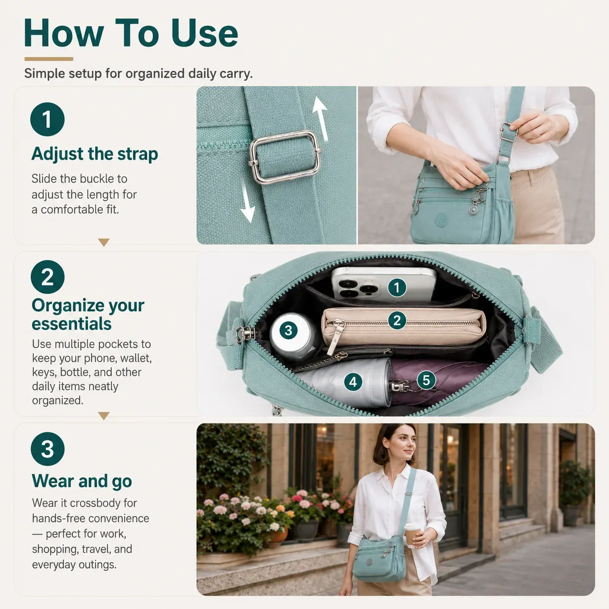 Ladies Multi Pocket Nylon Crossbody Bag, Women Large Capacity Casual Shoulder Bag for Campus Daily Use