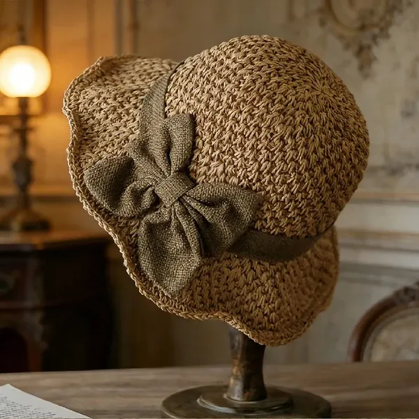 Elegant Woven Straw Sun Hat with Bow – Breathable, Foldable