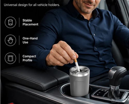 Rotating Car Ashtray with Ceramic Inner Liner, Mechanical Airtight Lid Car Cup‑Holder Ashtray, Universal Fit Smokeless Ash Container for Vehicle Interior