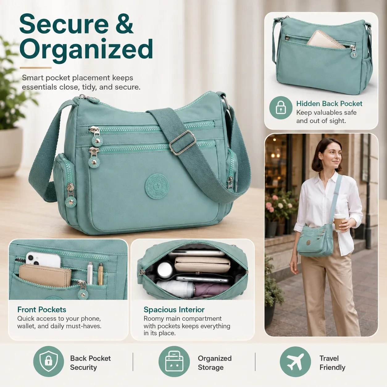 Ladies Multi Pocket Nylon Crossbody Bag, Women Large Capacity Casual Shoulder Bag for Campus Daily Use