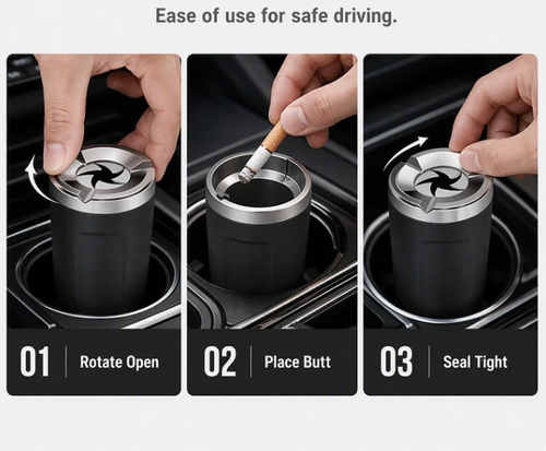 Rotating Car Ashtray with Ceramic Inner Liner, Mechanical Airtight Lid Car Cup‑Holder Ashtray, Universal Fit Smokeless Ash Container for Vehicle Interior