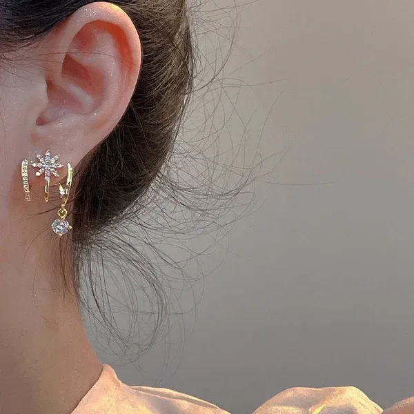 Shiny Eight-pointed Star Cuff Stud Earrings for Women, Micro Inlaid Zircon