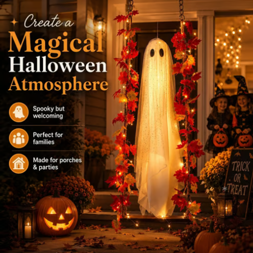Light‑Up Swinging Ghost Halloween Decoration, Hanging Ghost Ornament with LED String Light & Remote Control for Outdoor Yard Patio Party Decor
