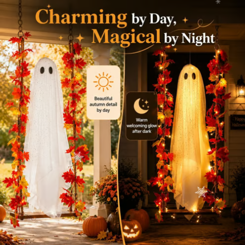 Light‑Up Swinging Ghost Halloween Decoration, Hanging Ghost Ornament with LED String Light & Remote Control for Outdoor Yard Patio Party Decor