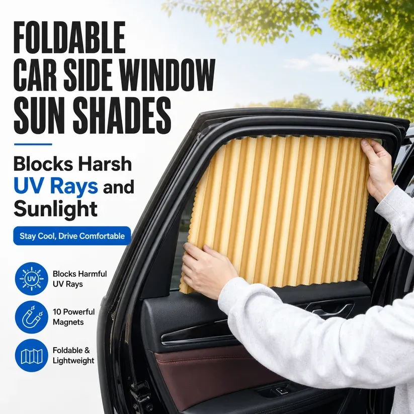 Golden 4Pcs Car Side Window Sunshade Curtain with Binding Straps, Embedded Slide Rail, UV Protection Car Privacy Curtain