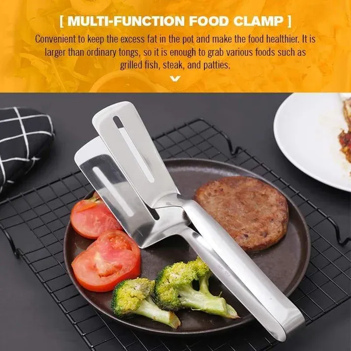 3-in-1 cooking clamp – grab, flip, scrape, and drain oil easily