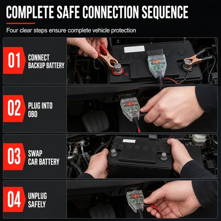 Car OBD Battery Replacement Tool and Computer Memory Saver with Digital Display Leakage Detector