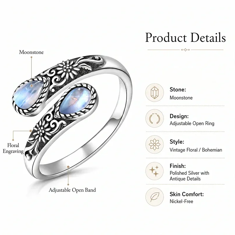 Boho Daisy Turquoise Adjustable Open Ring for Women