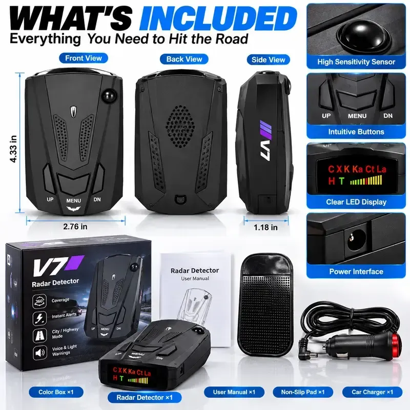 GPS Speed Reminder & 360° Radar Detector – Voice & LED Alerts