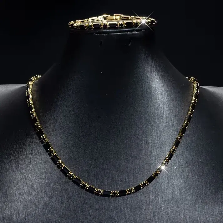 Hip Hop Black CZ Necklace & Bracelet Set, Gold Plated Adjustable Unisex Jewelry**
