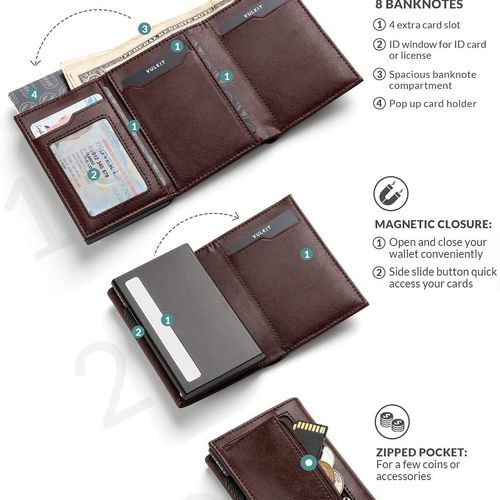 Men Trifold Pop‑up Card Wallet, RFID Blocking Multi‑Card Slots ID Card Holder Large Capacity PU Leather Wallet, Coffee Color