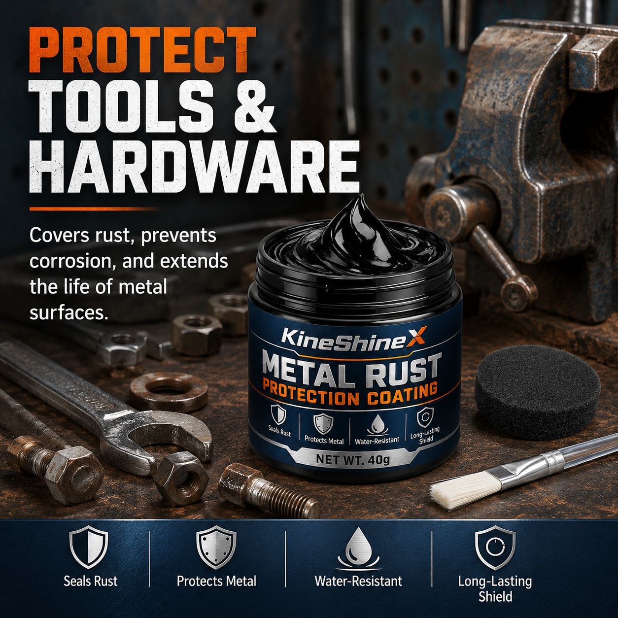 Metal Rust Protection Coating, Anti‑Corrosion Repair Paste for Iron Railings Screws Metal Tools, 40ml with Brush & Cleaning Sponge