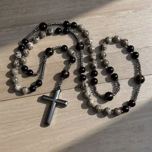 Natural Obsidian Yooperlite Rosary Necklace, UV Reactive Energy Protection Healing Crystal  >