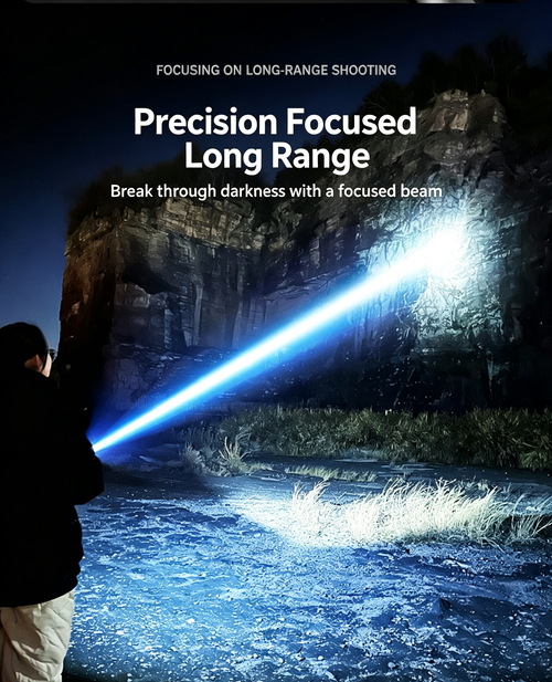 White Laser Rechargeable Torch, Type‑C Fast Charging Digital Display Zoom Flashlight for Emergency Outdoor