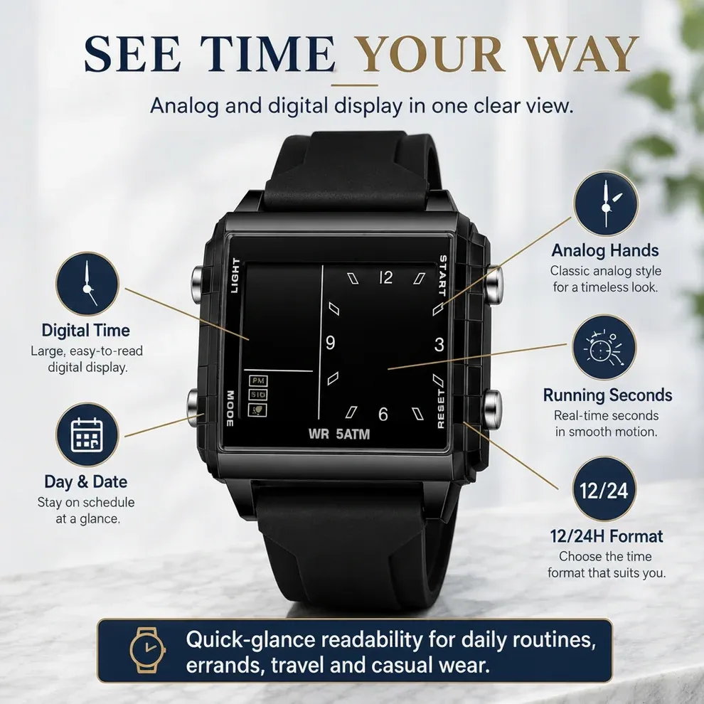 Analog-Digital Sport Watch – Waterproof, Luminous & Multi-Function