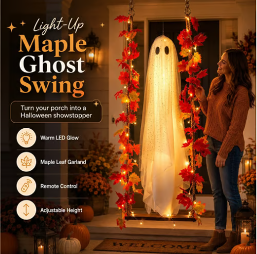 Light‑Up Swinging Ghost Halloween Decoration, Hanging Ghost Ornament with LED String Light & Remote Control for Outdoor Yard Patio Party Decor