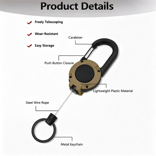 Retractable Carabiner Reel, Heavy Duty Steel Wire Anti-Lost Lanyard, Outdoor Fishing Tackle Retractable Keychain with Key Ring