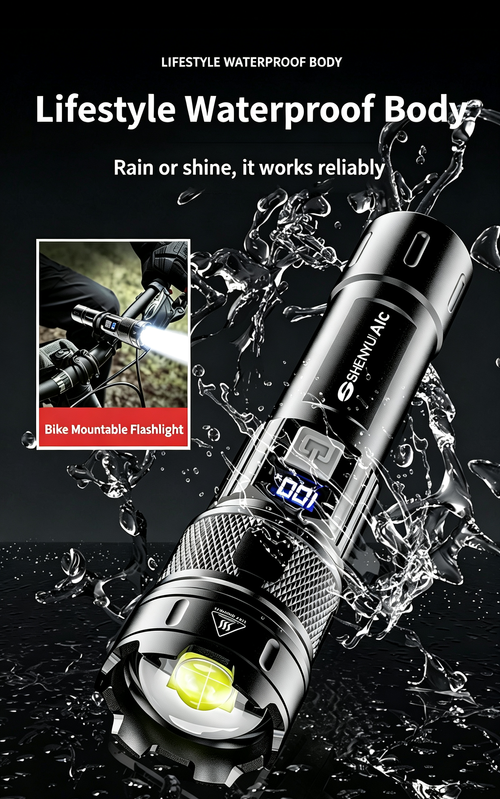 White Laser Rechargeable Torch, Type‑C Fast Charging Digital Display Zoom Flashlight for Emergency Outdoor