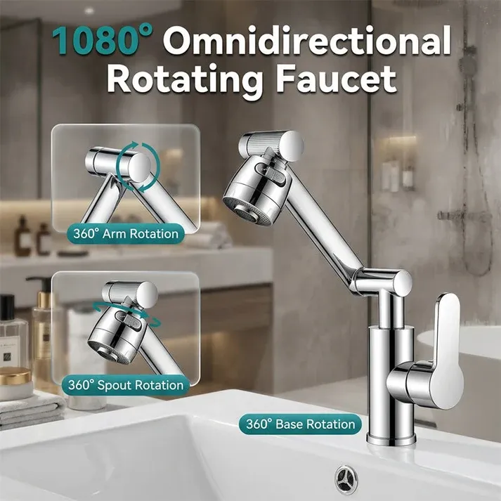 1080° Rotating Mechanical Arm Faucet+ 60cm Cold & Hot Water Inlet Hoses