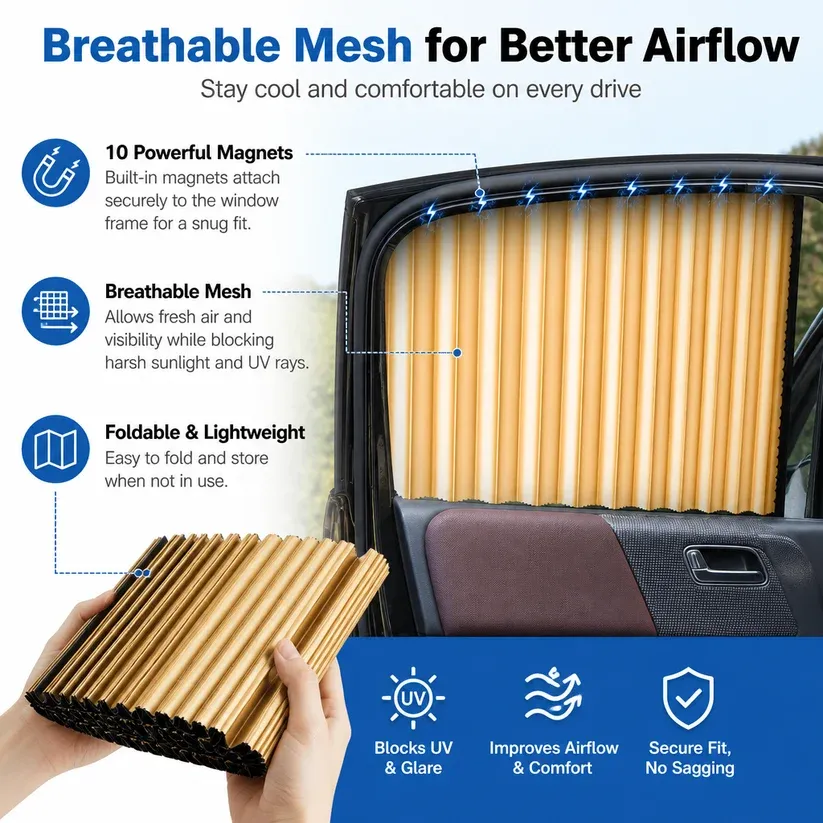 Golden 4Pcs Car Side Window Sunshade Curtain with Binding Straps, Embedded Slide Rail, UV Protection Car Privacy Curtain