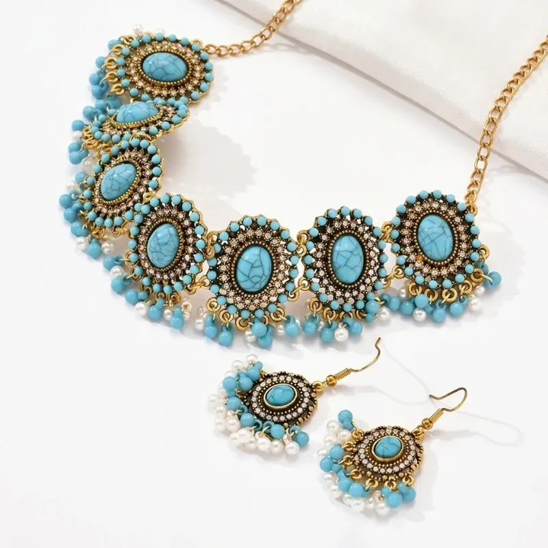 Boho Turquoise Earrings & Choker Necklace Set